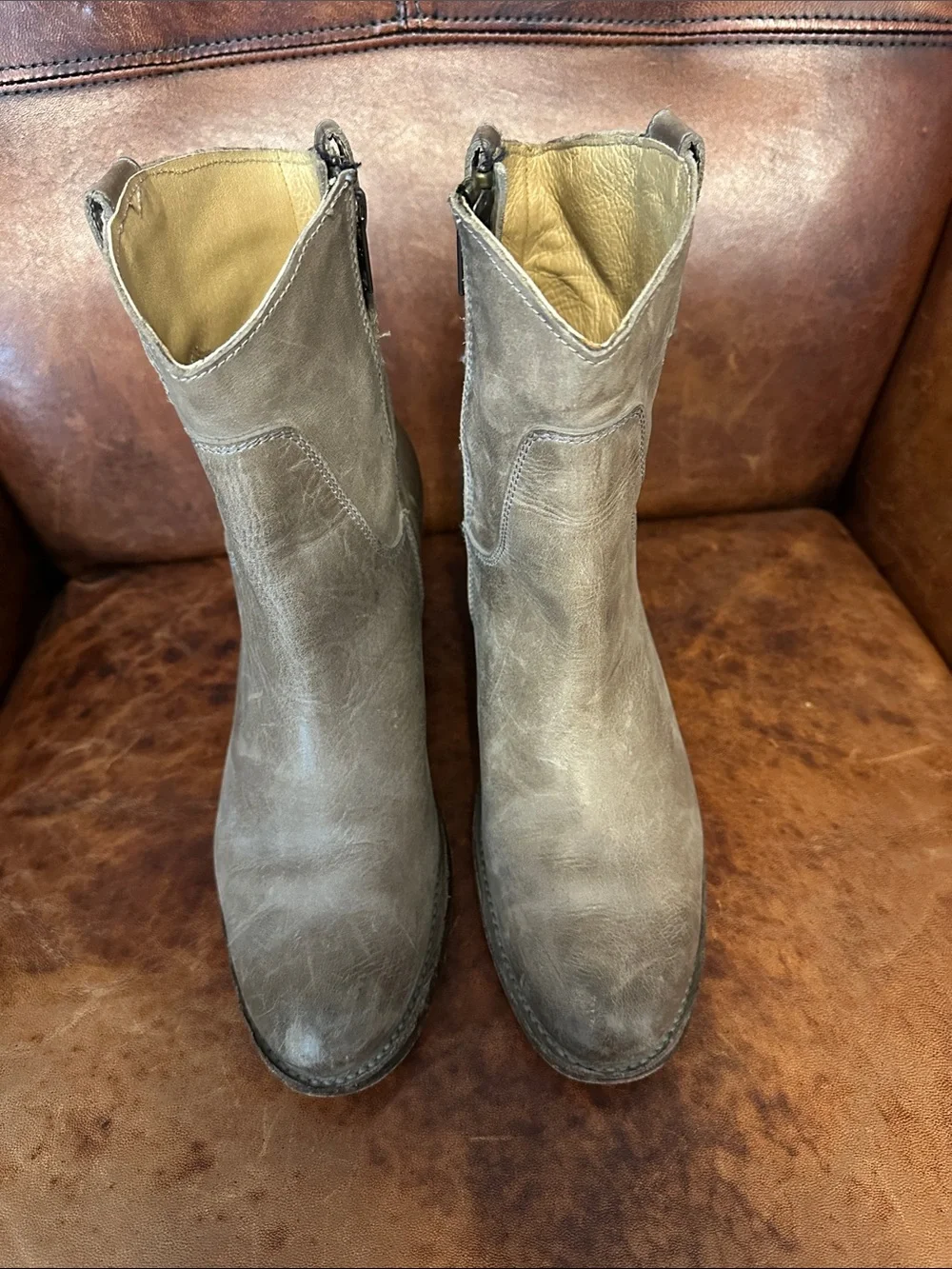 Frye Taupe Leather Ankle Booties with Side Zip
